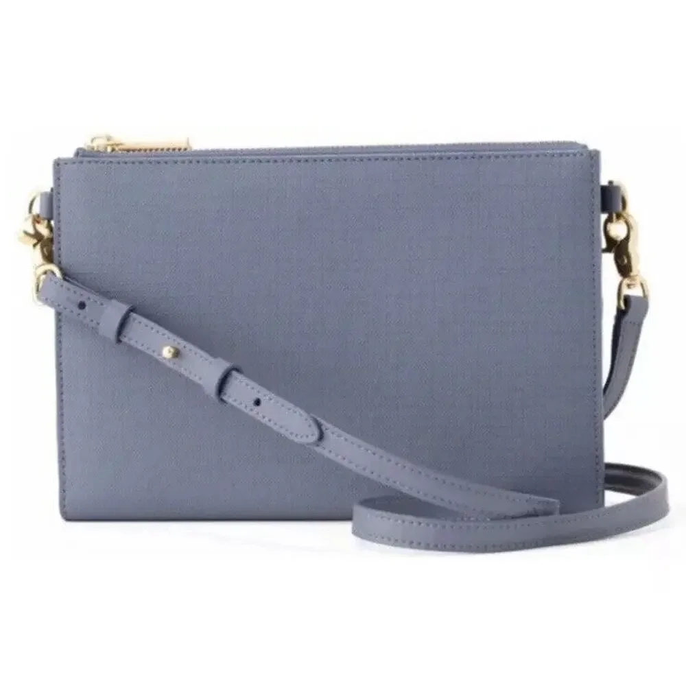 Dagne Dover Double Zip Crossbody in Dusty Blue with Gold Hardware